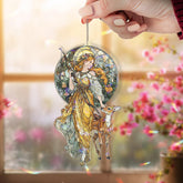 Goddess and Deer Acrylic Suncatcher, Stained Glass Style Art Nouveau Round Window Panel, Mythical Nature Hanging Home Decor Gift